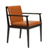 Orange leather arm chair with dark wood arms and rectangular cushioned seat