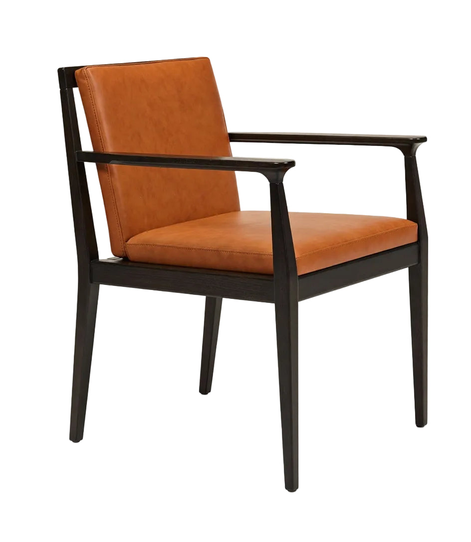 Orange leather arm chair with dark wood arms and rectangular cushioned seat