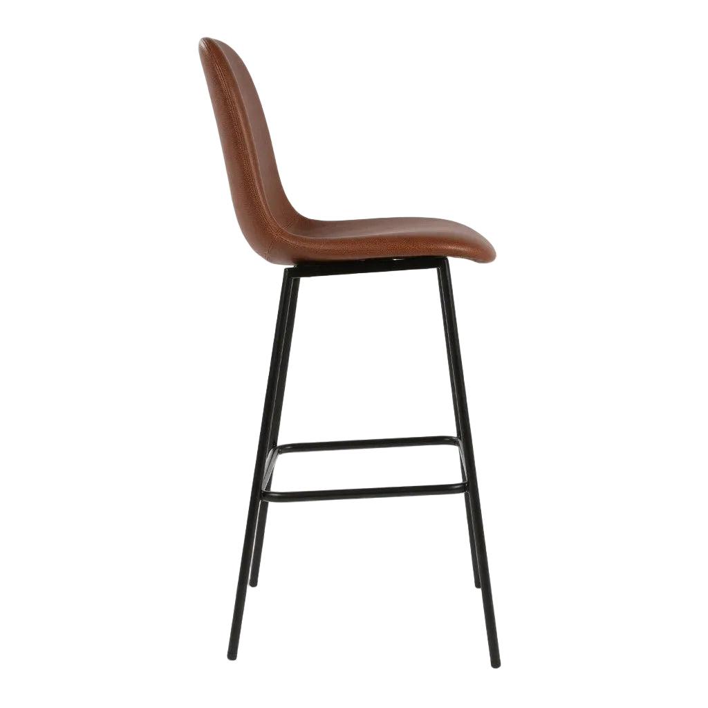Brown leather bar stool, tall curved back, black metal footrest frame