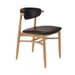 Natural wood side chair with black upholstered seat and curved backrest, angled view
