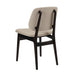 Upholstered side chair with light beige seat and back, dark wood frame and arched arms