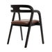 Arm chair with padded dark brown seat cushion and backrest, curved armrests, wood legs