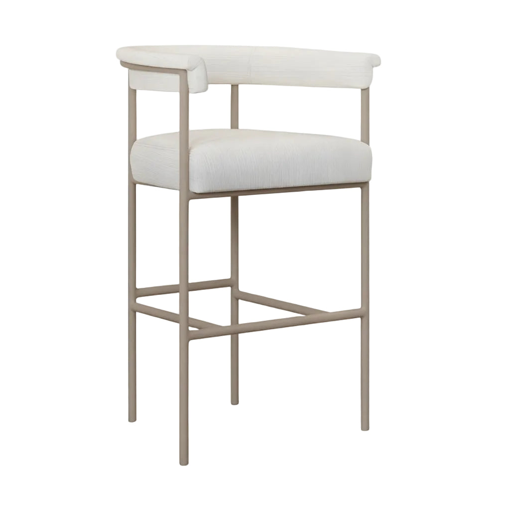 Upholstered bar stool with light fabric seat and rounded back, taupe metal frame.