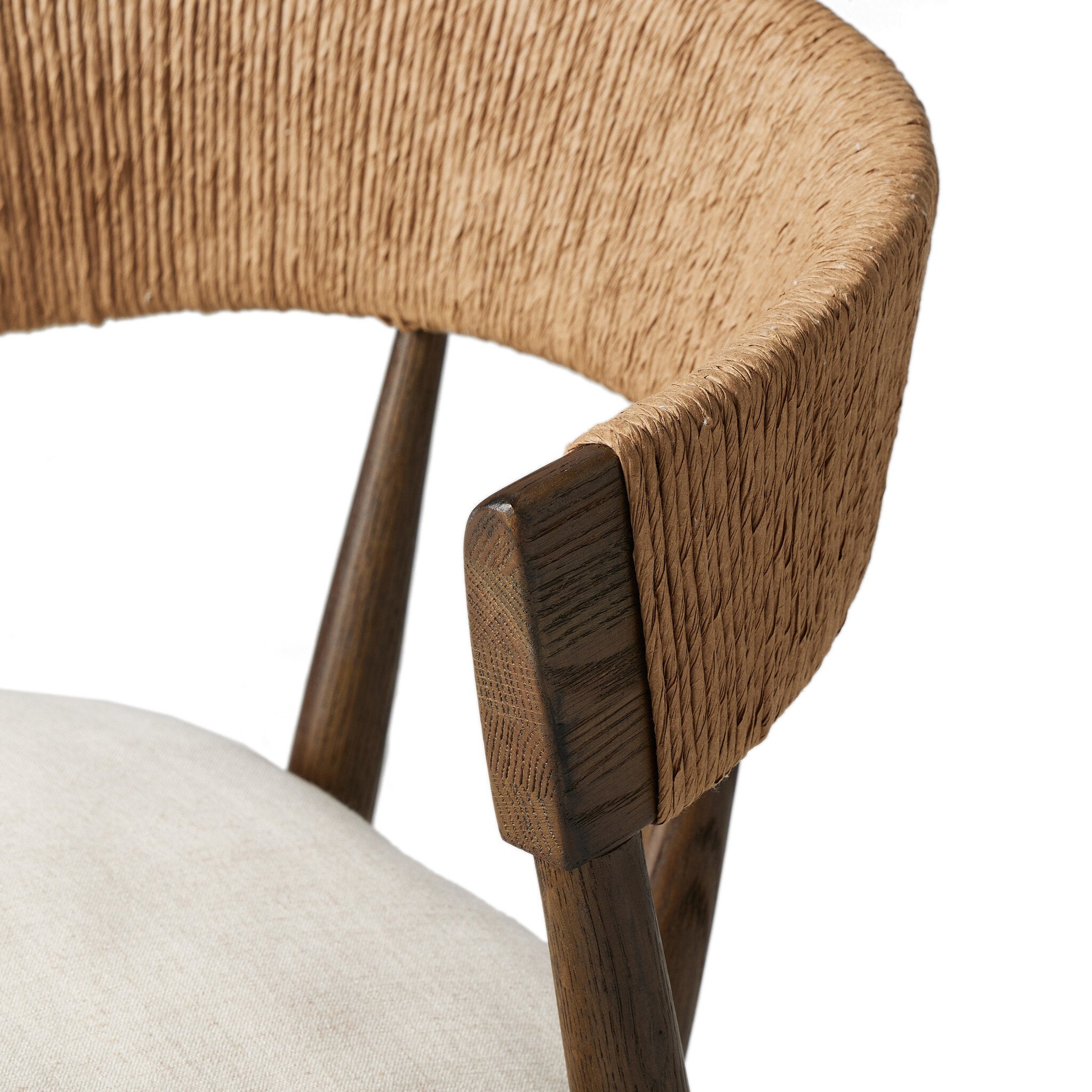 Inner Curved Close-up Detail Buxton Bar Counter Stool in solid ash with a hand-wrapped paper rush backrest
