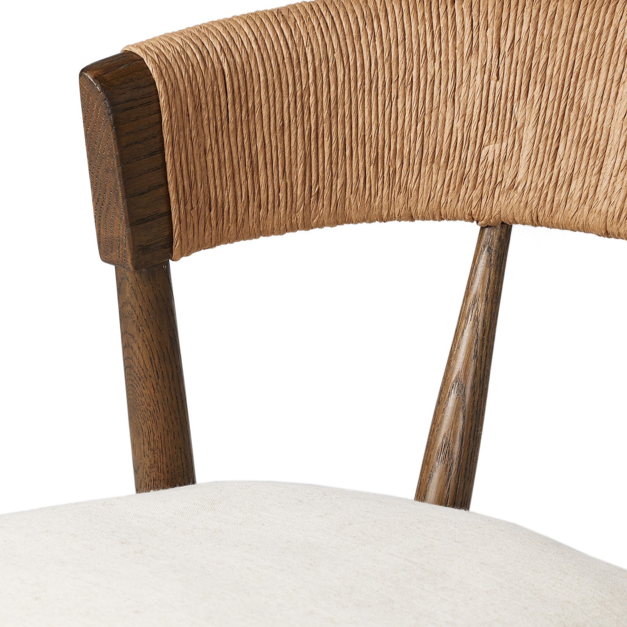 Woven bar stool backrest in tan rope texture with dark wood side posts