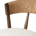 Woven bar stool backrest in tan rope texture with dark wood side posts