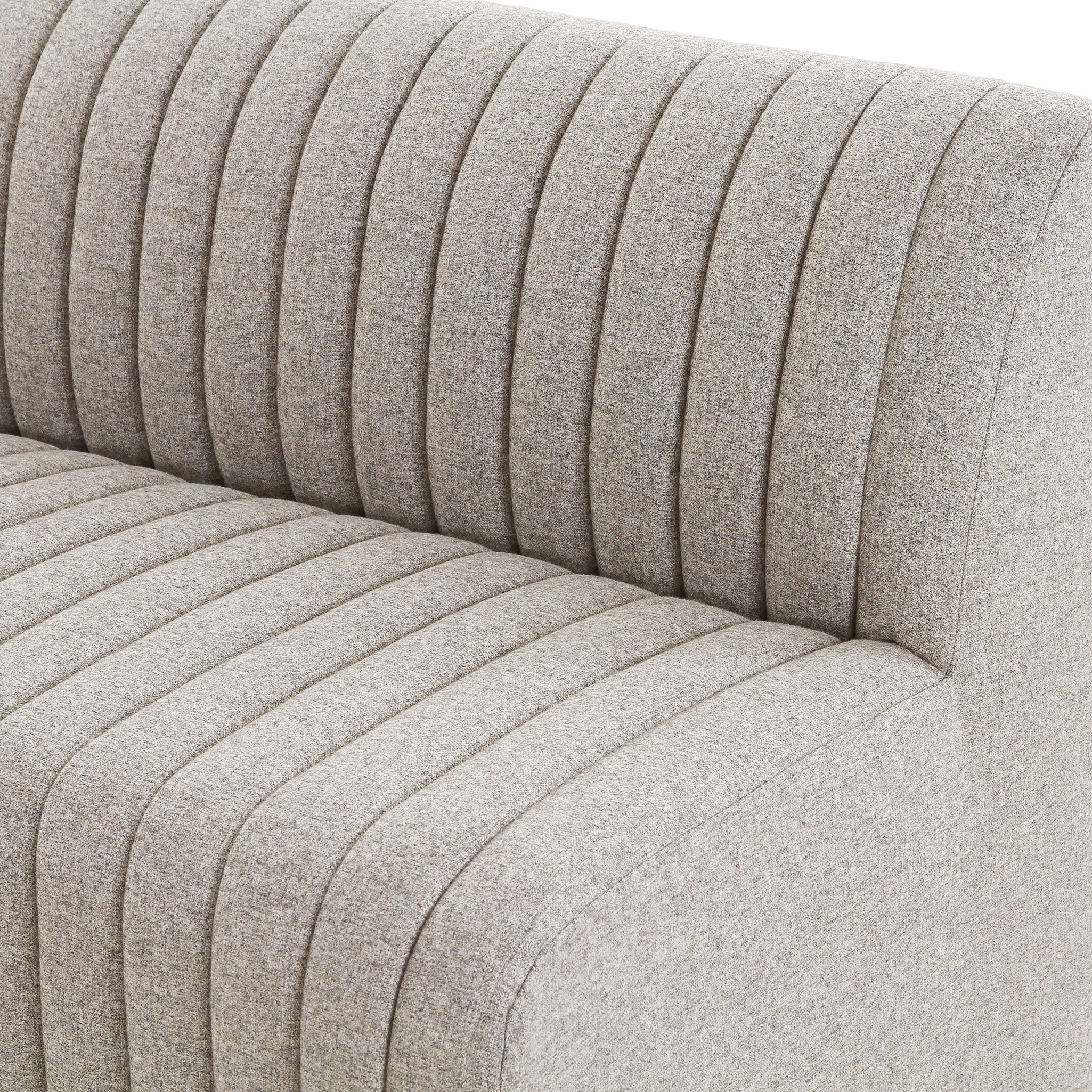 Inner detail Center Custom Augustine dining banquette in Orly Natural neutral performance fabric with high-back tufted.