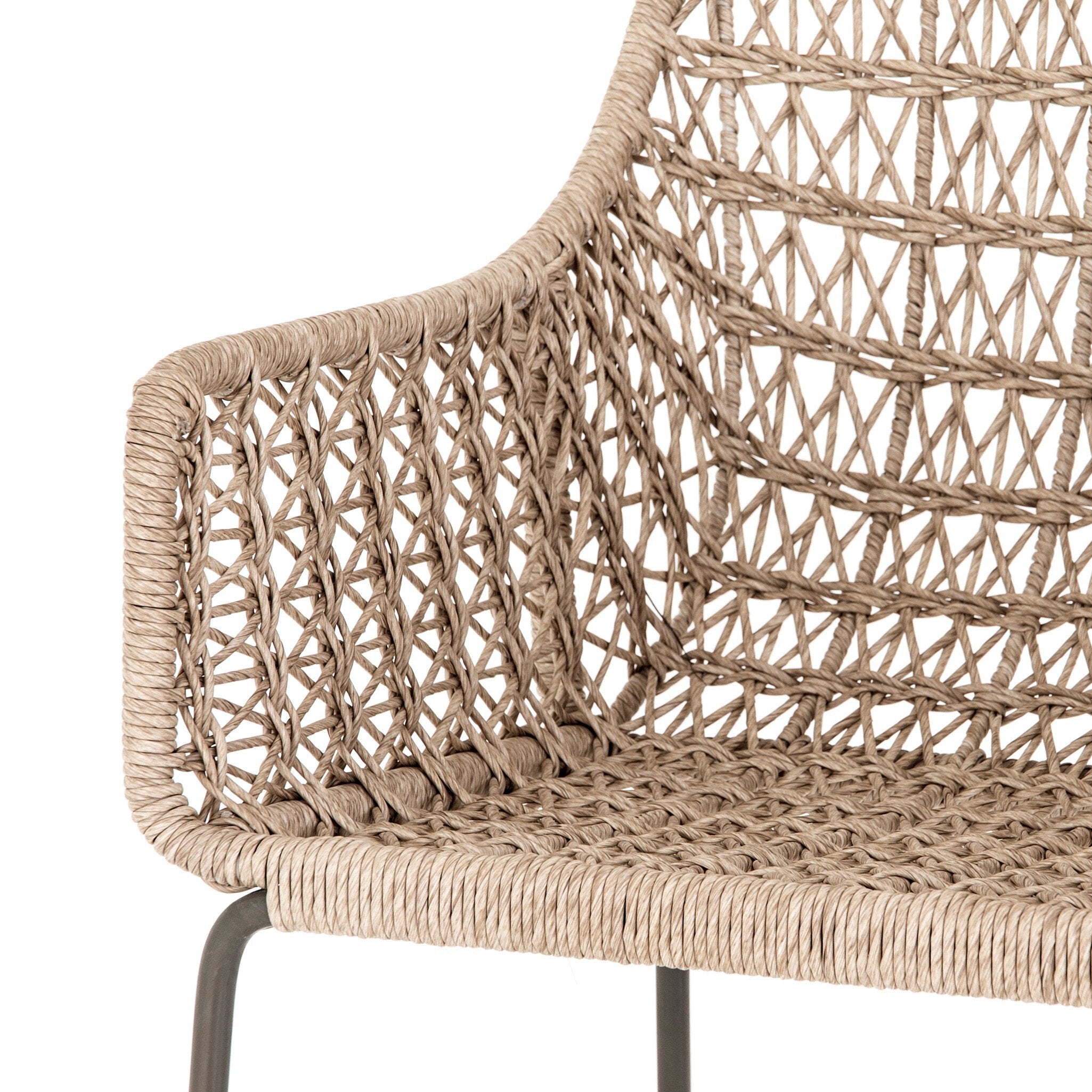 Inner Detail Modern low-armed outdoor bar stool with white wicker weaving and a bronze industrial frame for hospitality dining