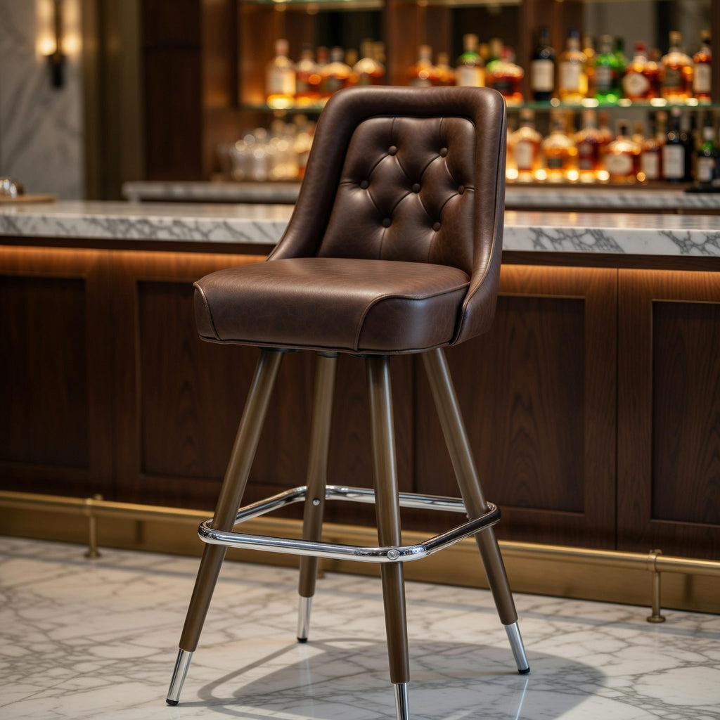 Inner Diamond bar stool showcasing a classic tufted silhouette and premium performance upholstery for upscale hospitality use