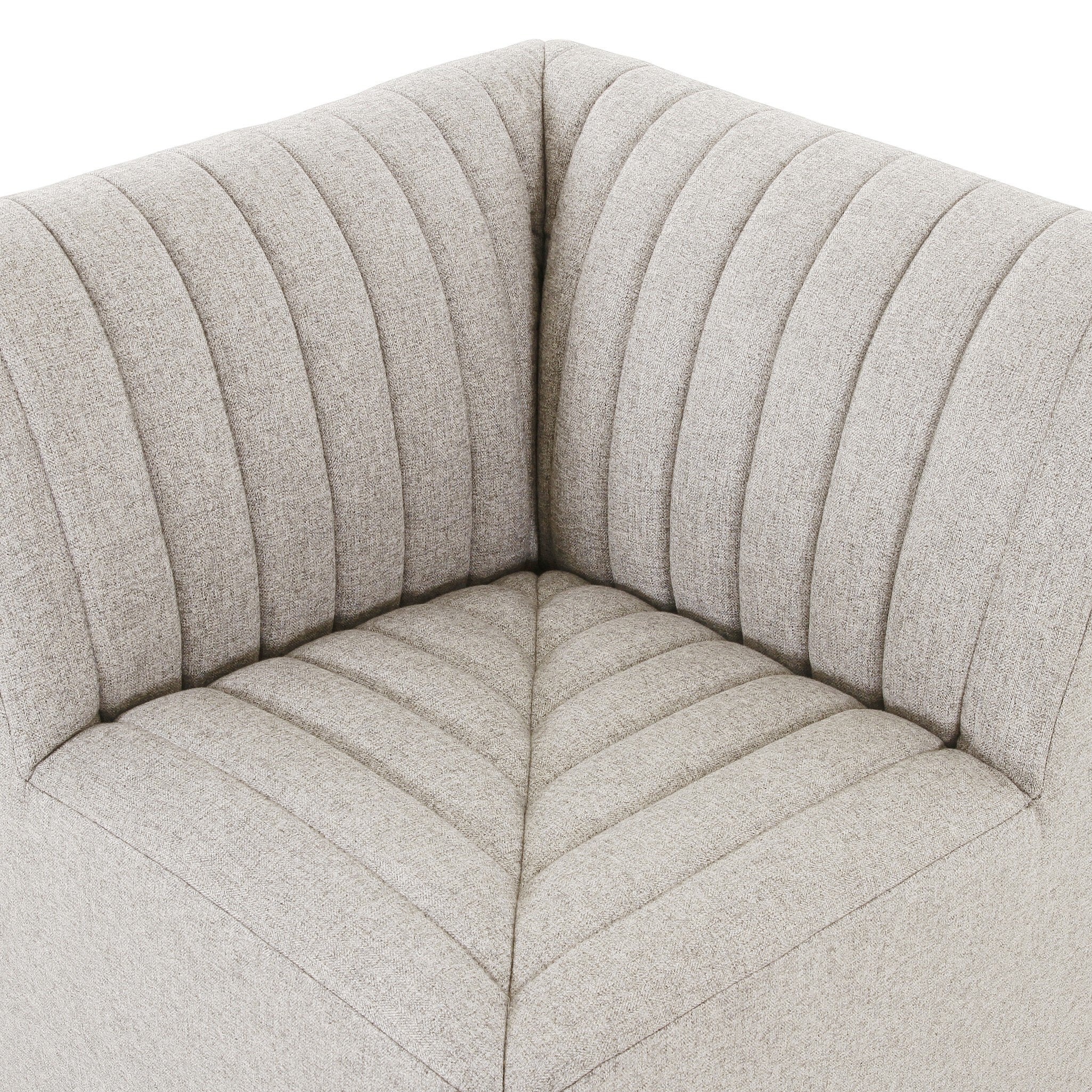 Inner close corner Center Custom Augustine dining banquette in Orly Natural neutral performance fabric with high-back tufted detailing and wood base.