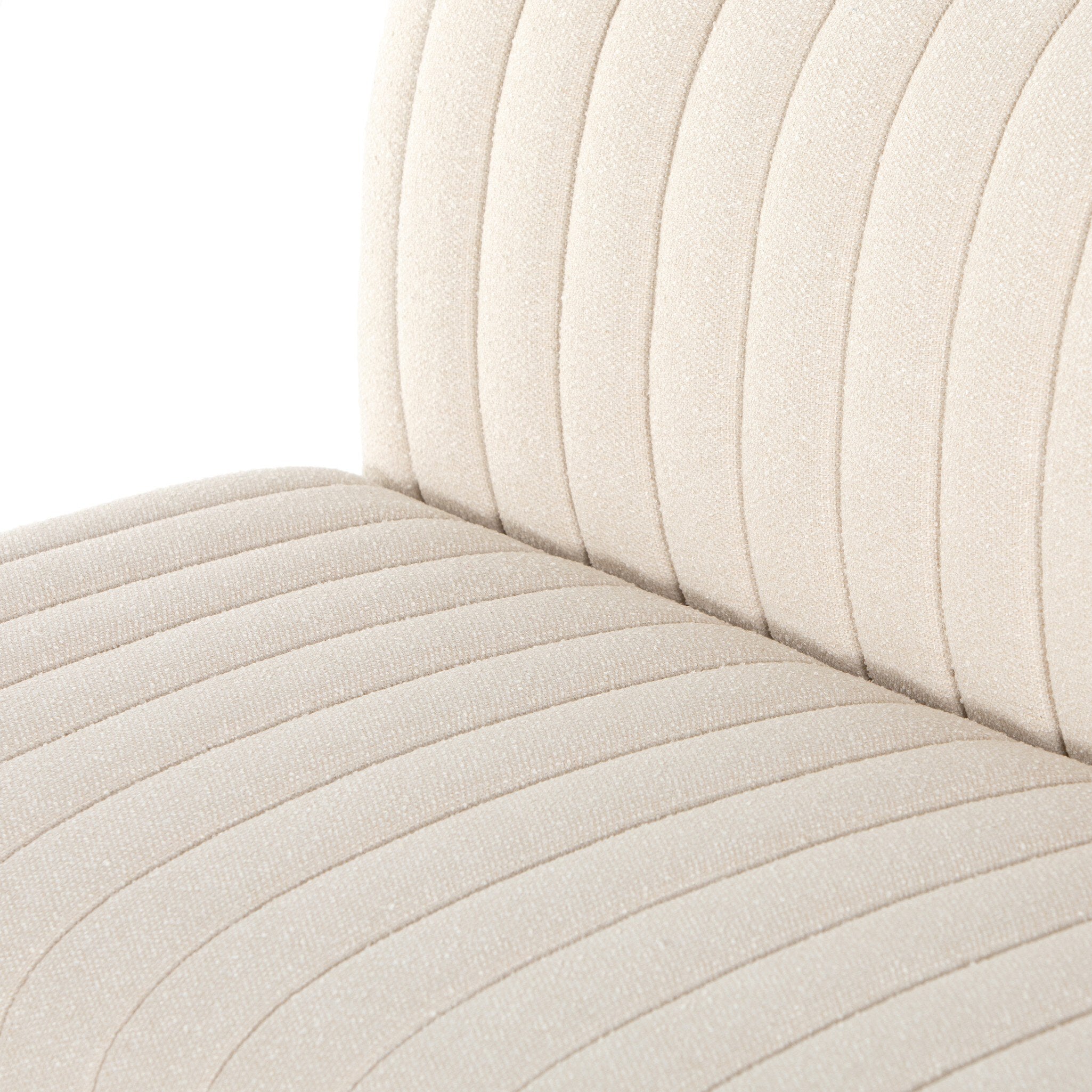 Inner close detail Custom Augustine dining banquette in neutral performance fabric with high-back tufted detailing and wood base.