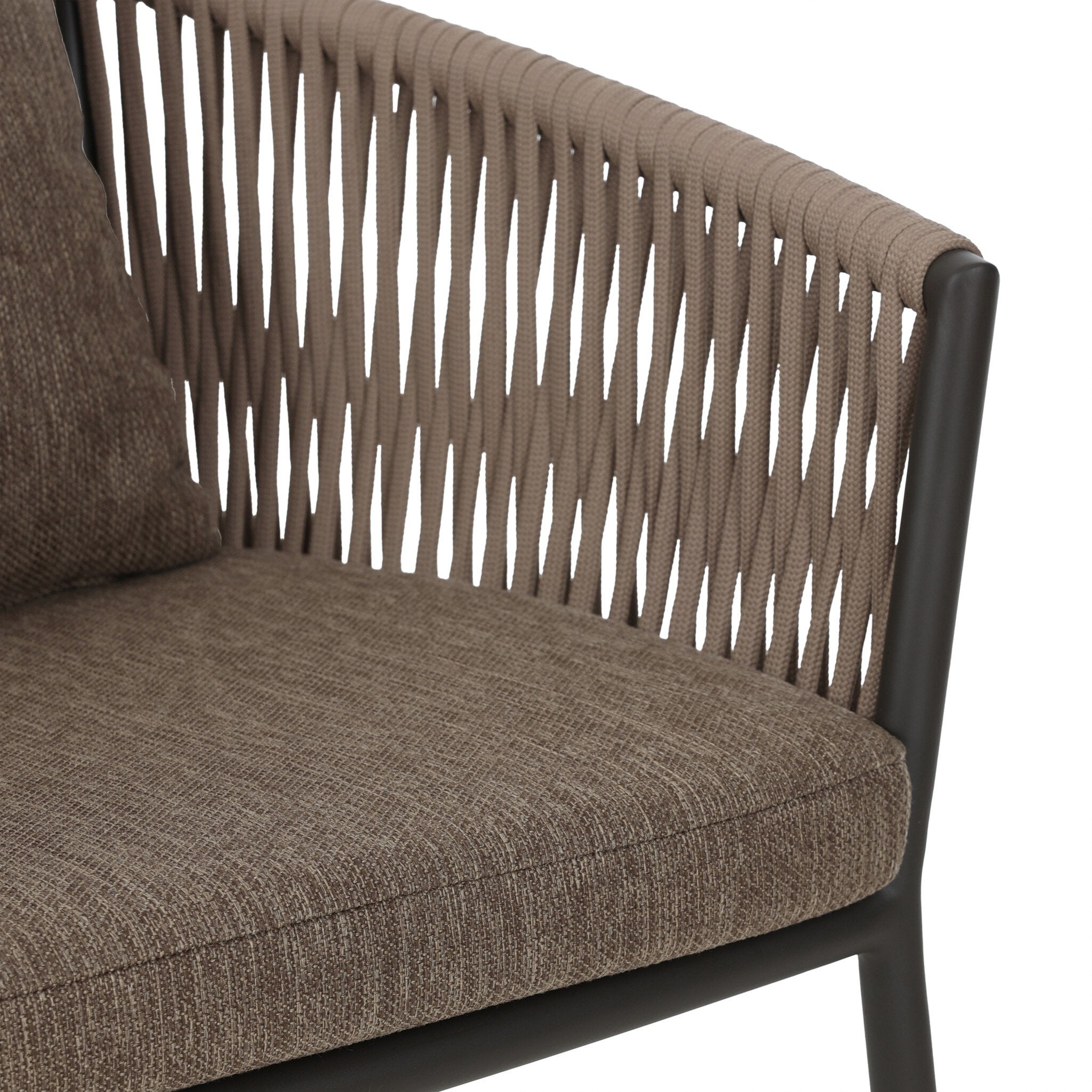 Inner woven detail Porto Outdoor Dining Chair with a natural teak frame and weather-resistant brown rope-weave backrest