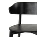 Black armless dining chair close-up of backrest and seat with tapered leg