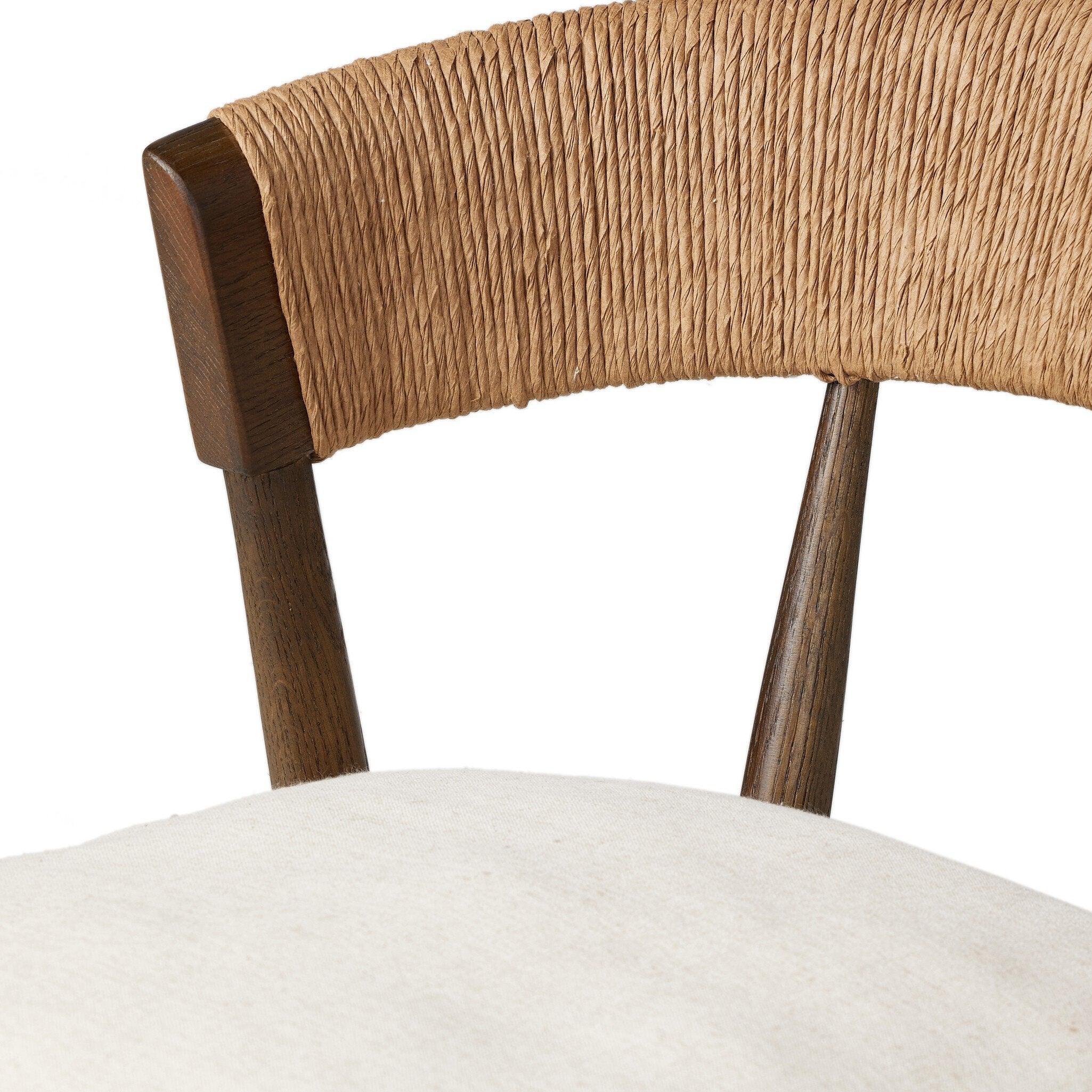 Inner detailing Buxton Bar Counter Stool in solid ash with a hand-wrapped paper rush backrest
