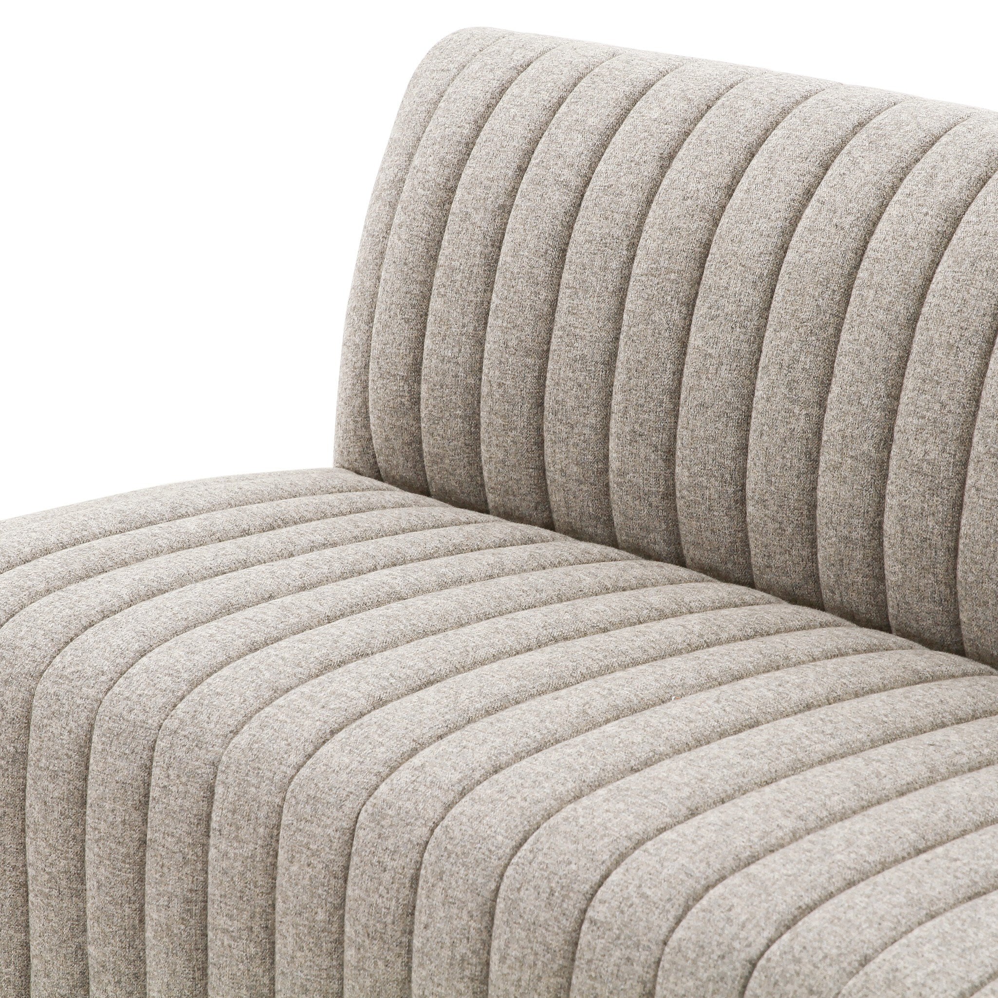 Inner Middle Center Custom Augustine dining banquette in Orly Natural neutral performance fabric with high-back tufted detailing and wood base.