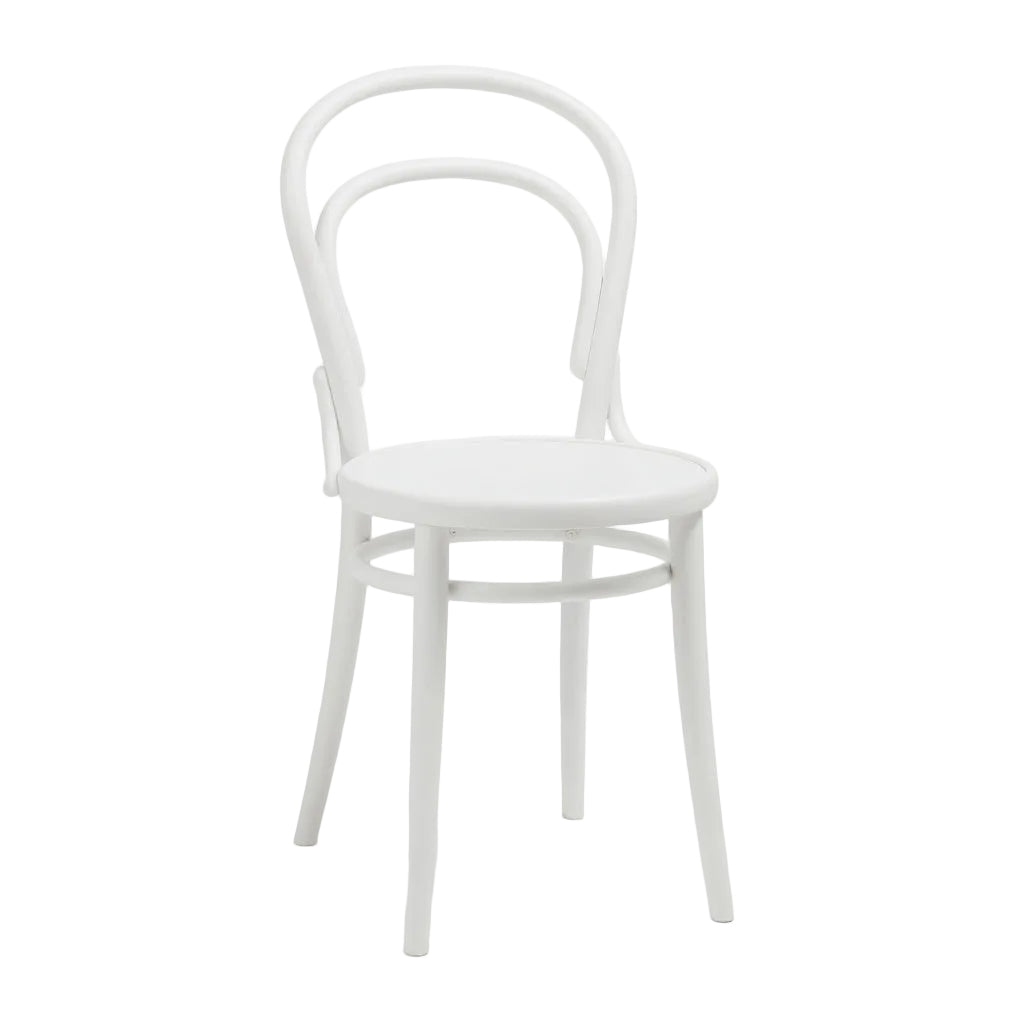 Astoria side chair with curved white back and round white seat, tapered legs.