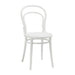 Astoria side chair with curved white back and round white seat, tapered legs.