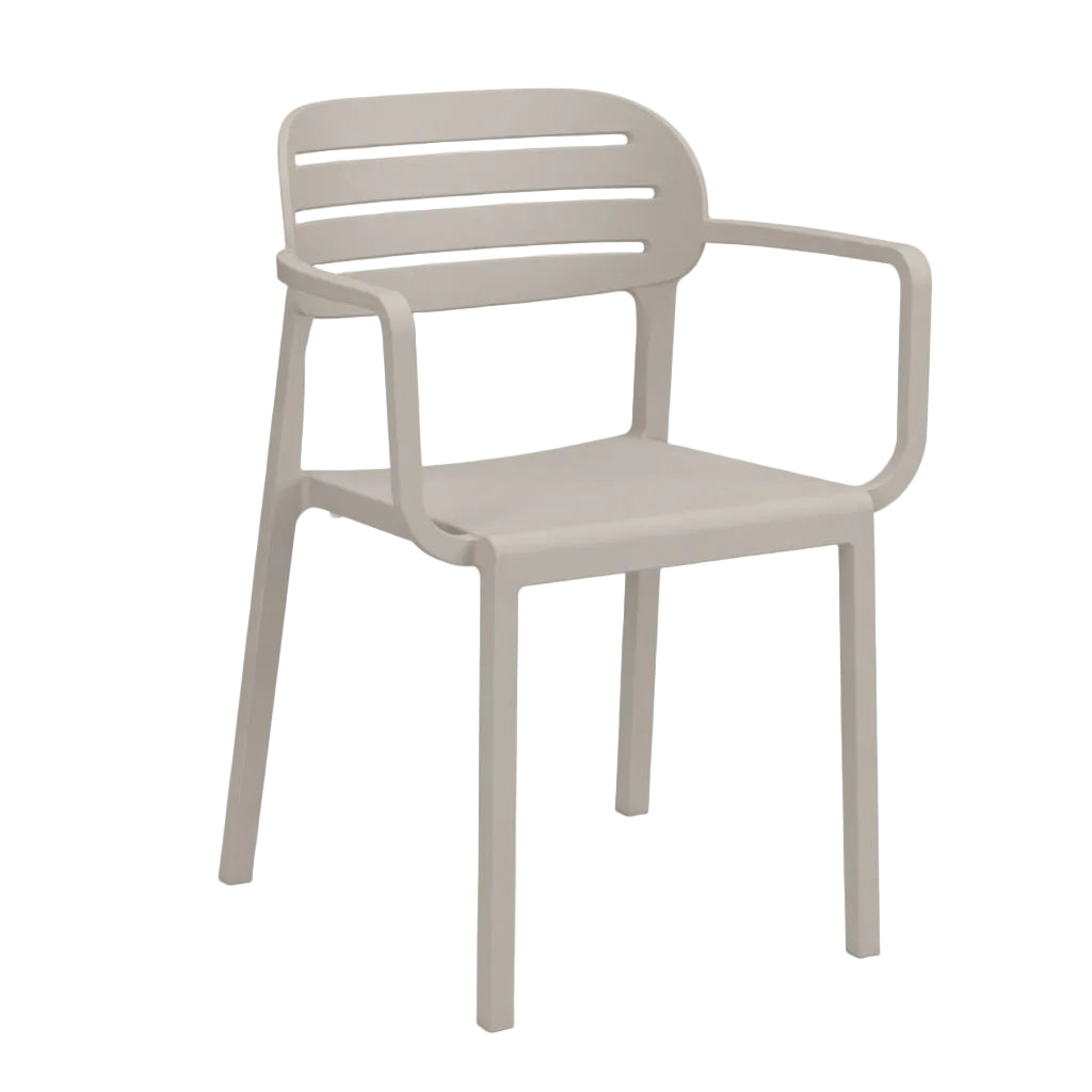 Luna arm chair with slatted back and armrests, light taupe finish