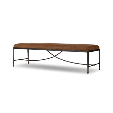 Jade Accent Entryway Tufted Bench Seat with Bronzed Hammered Iron Base Angled View Long Bench hospitality 