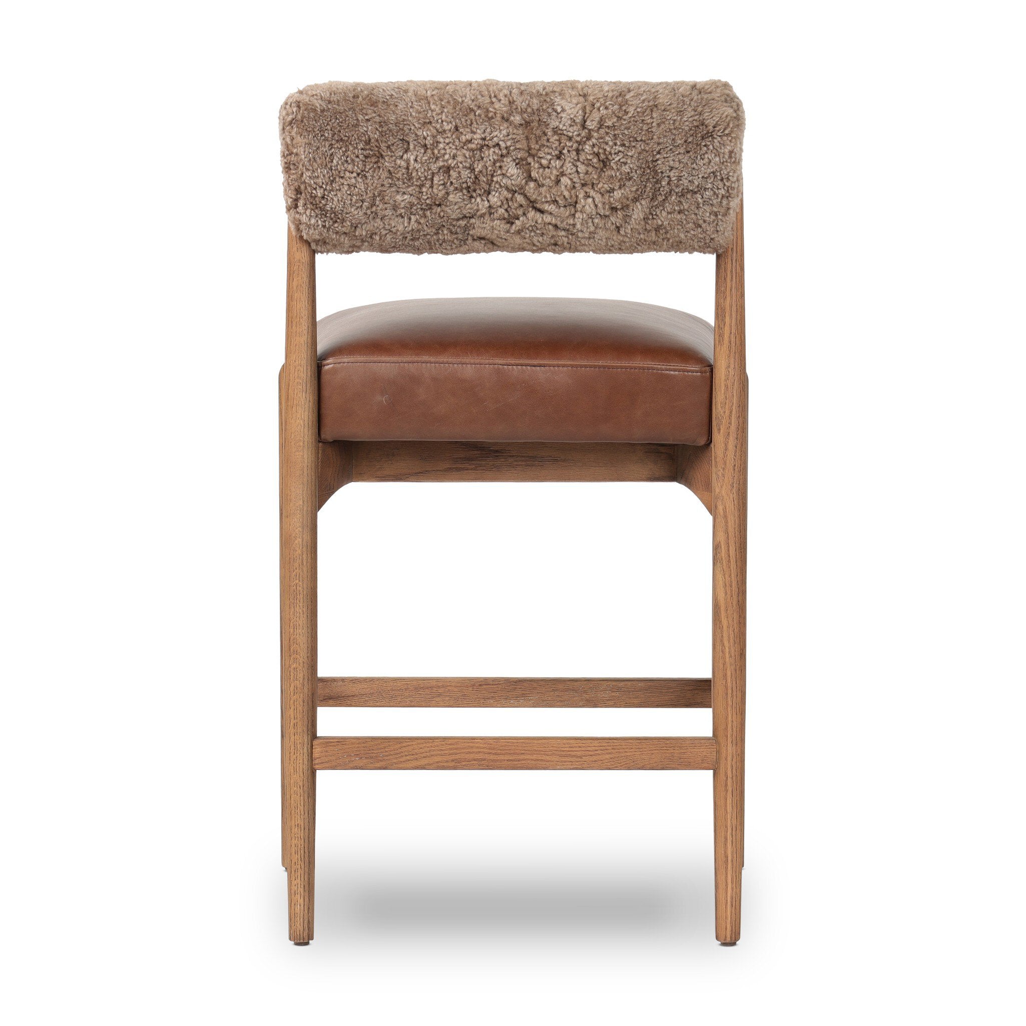 Jazelle Armless Bar Counter Stool Shearling Bolster Back and Oak Wood Frame with Brown Leather Seating Design Idea Retro Mid Century Modern Angle View Back