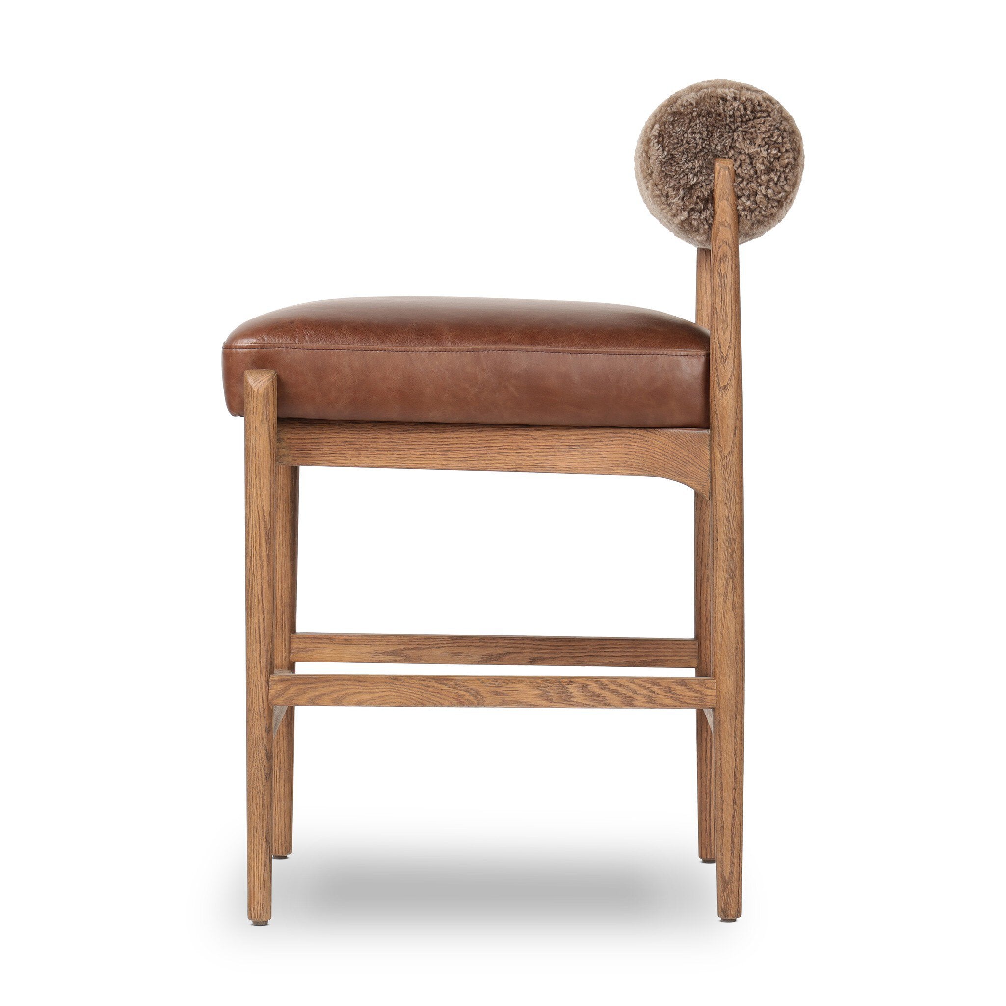 Jazelle Armless Bar Counter Stool Shearling Bolster Back and Oak Wood Frame with Brown Leather Seating Design Idea Retro Mid Century Modern Angle View Side