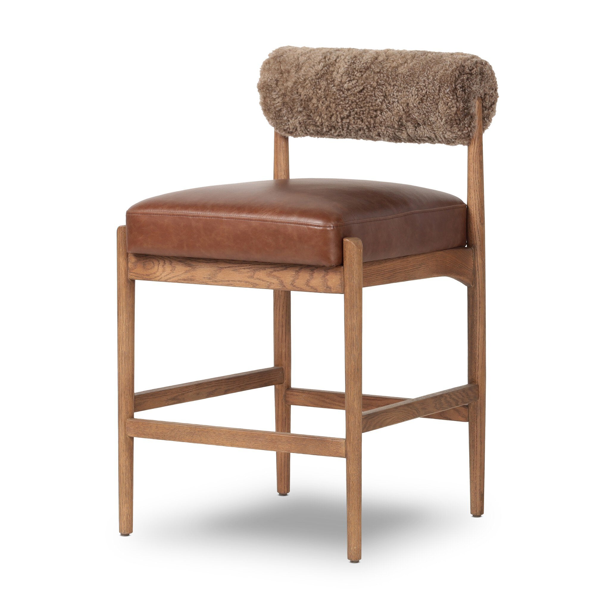 Jazelle Armless Bar Counter Stool Shearling Bolster Back and Oak Wood Frame with Brown Leather Seating Design Idea Retro Mid Century Modern Angle View on White Background