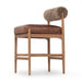Jazelle Armless Bar Counter Stool Shearling Bolster Back and Oak Wood Frame with Brown Leather Seating Design Idea Retro Mid Century Modern Angle View on White Background