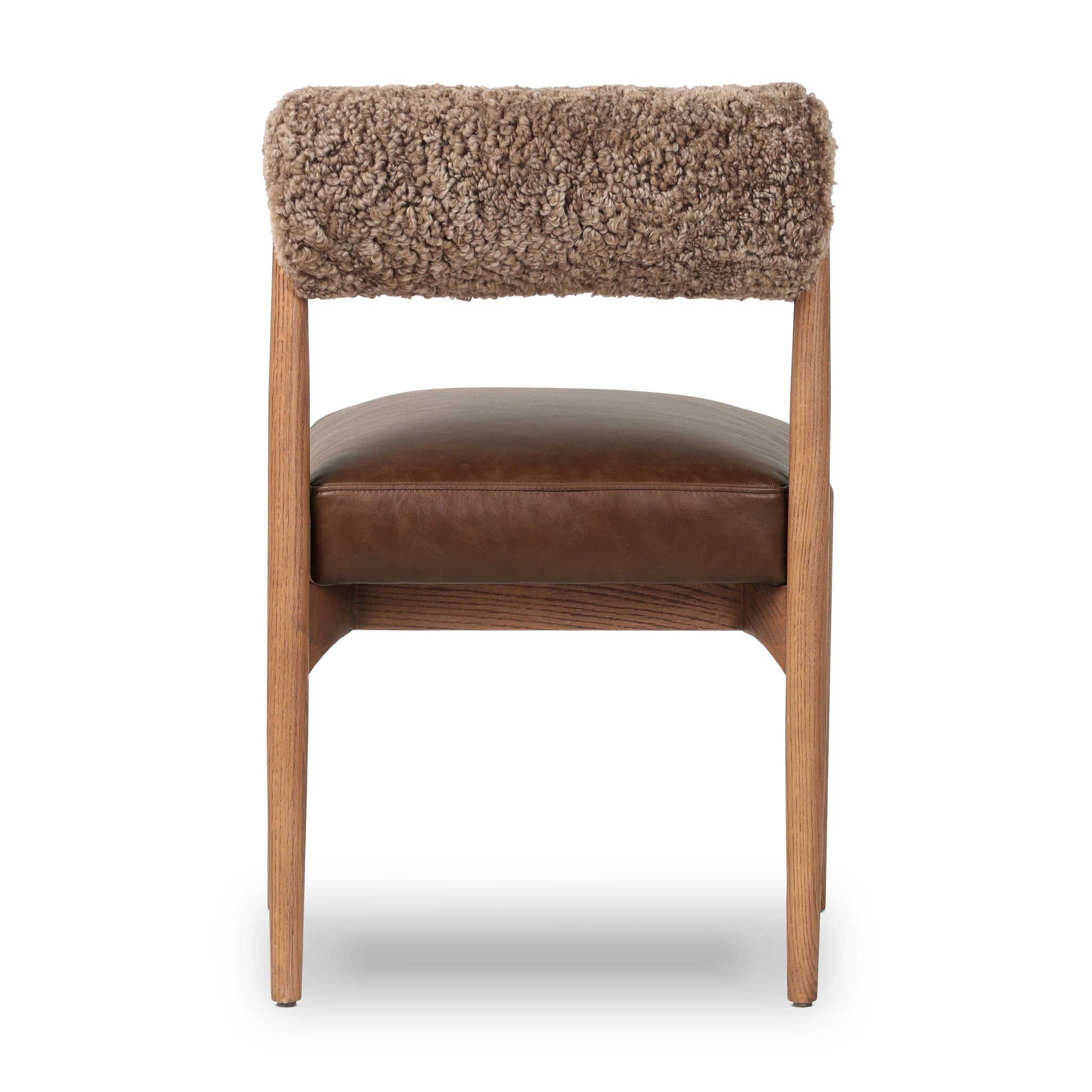 Jazelle Armless Dining Chair Shearling Bolster Back and Oak Wood Frame with Brown Leather Seating Design Idea Retro Mid Century Modern Angle View Back