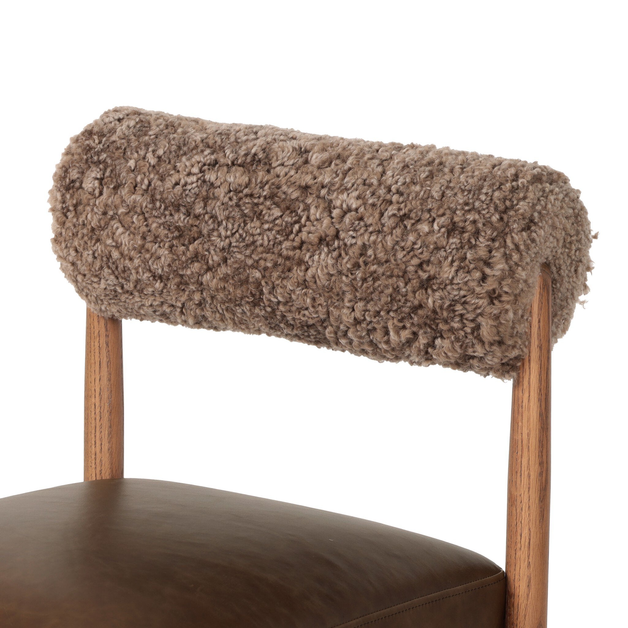 Jazelle Armless Dining Chair Shearling Bolster Back and Oak Wood Frame with Brown Leather Seating Design Idea Retro Mid Century Modern Angle View Close Detail of Fabric