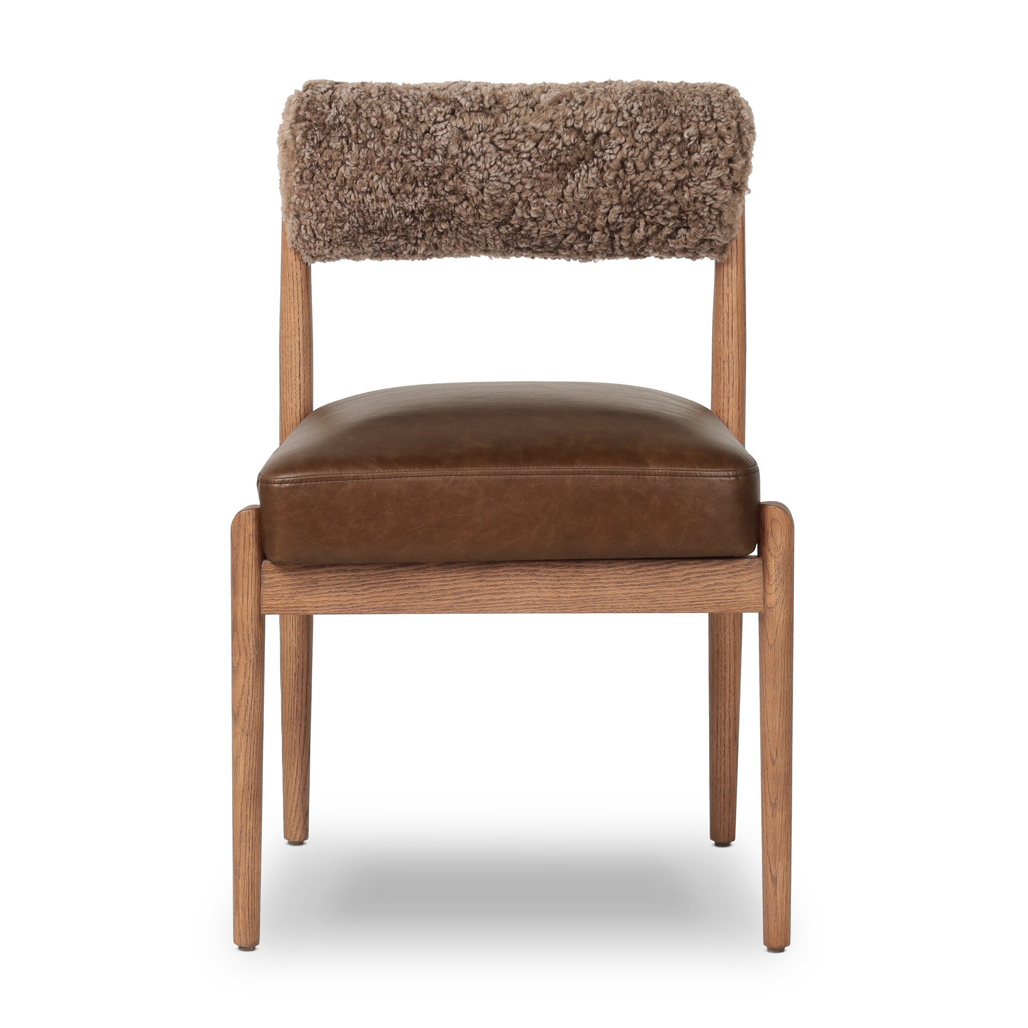 Jazelle Armless Dining Chair Shearling Bolster Back and Oak Wood Frame with Leather Seating on White Background Front Idea