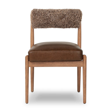Jazelle Armless Dining Chair Shearling Bolster Back and Oak Wood Frame with Leather Seating on White Background Front Idea