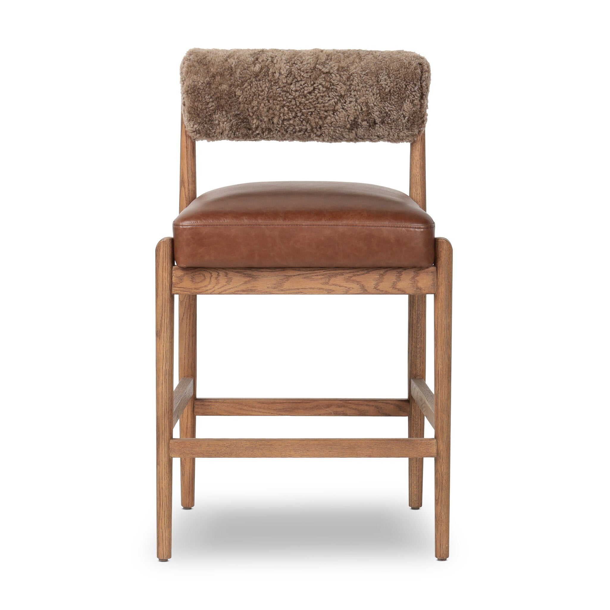 Jazelle Armless Bar Counter Stool Shearling Bolster Back and Oak Wood Frame with Leather Seating on White Background Front Idea