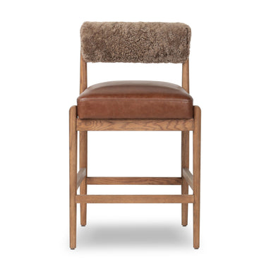Jazelle Armless Bar Counter Stool Shearling Bolster Back and Oak Wood Frame with Leather Seating on White Background Front Idea