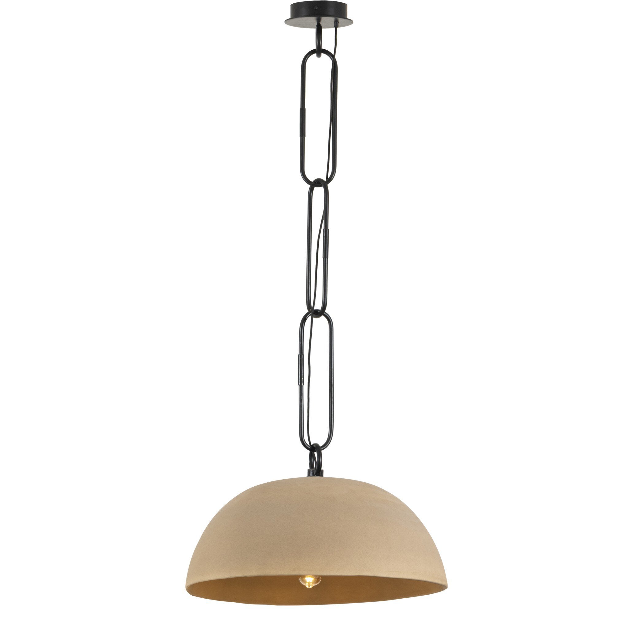 Jesenia 27.5-inch diameter tan speckled ceramic pendant light with oversized black iron chain links lit