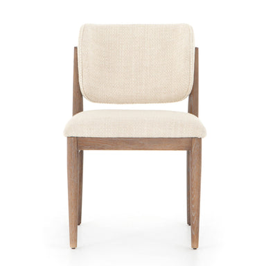 Joren Dining Chair in pecan-finished nettlewood with creamy taupe upholstered seat, mid-century modern hospitality seating