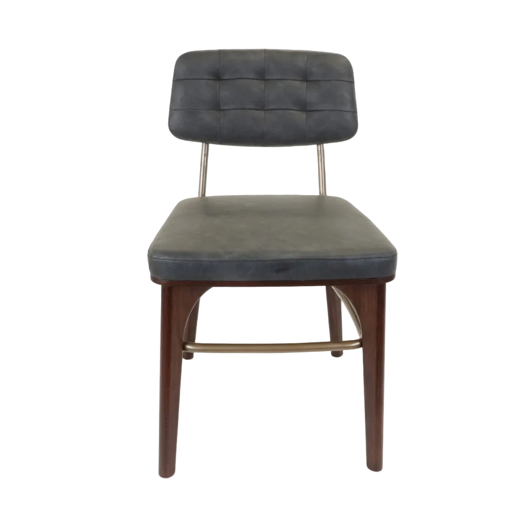 Dark gray upholstered side chair with tufted back and dark wood legs