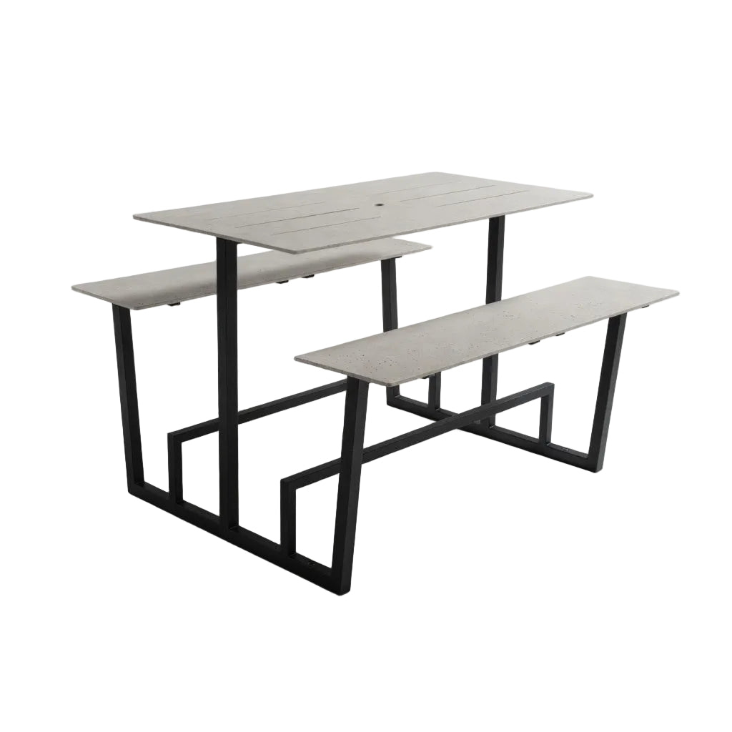 Monterey table set with concrete-look top and bench, black metal frame