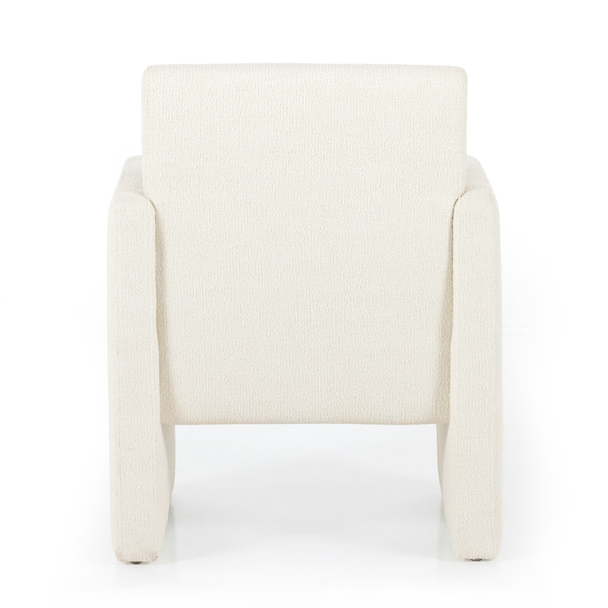 Kima Dining Chair Back View Contemporary Modern Upholstered White Armchair with Detailed Fabric on White Background