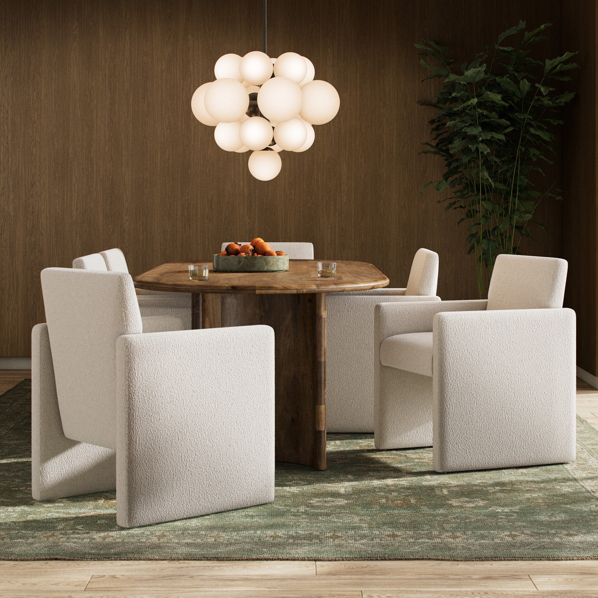 Kima Dining Armchair Contemporary Modern Upholstered White Chair in luxury hospitality room with wooden table and beige chairs under a modern chandelier