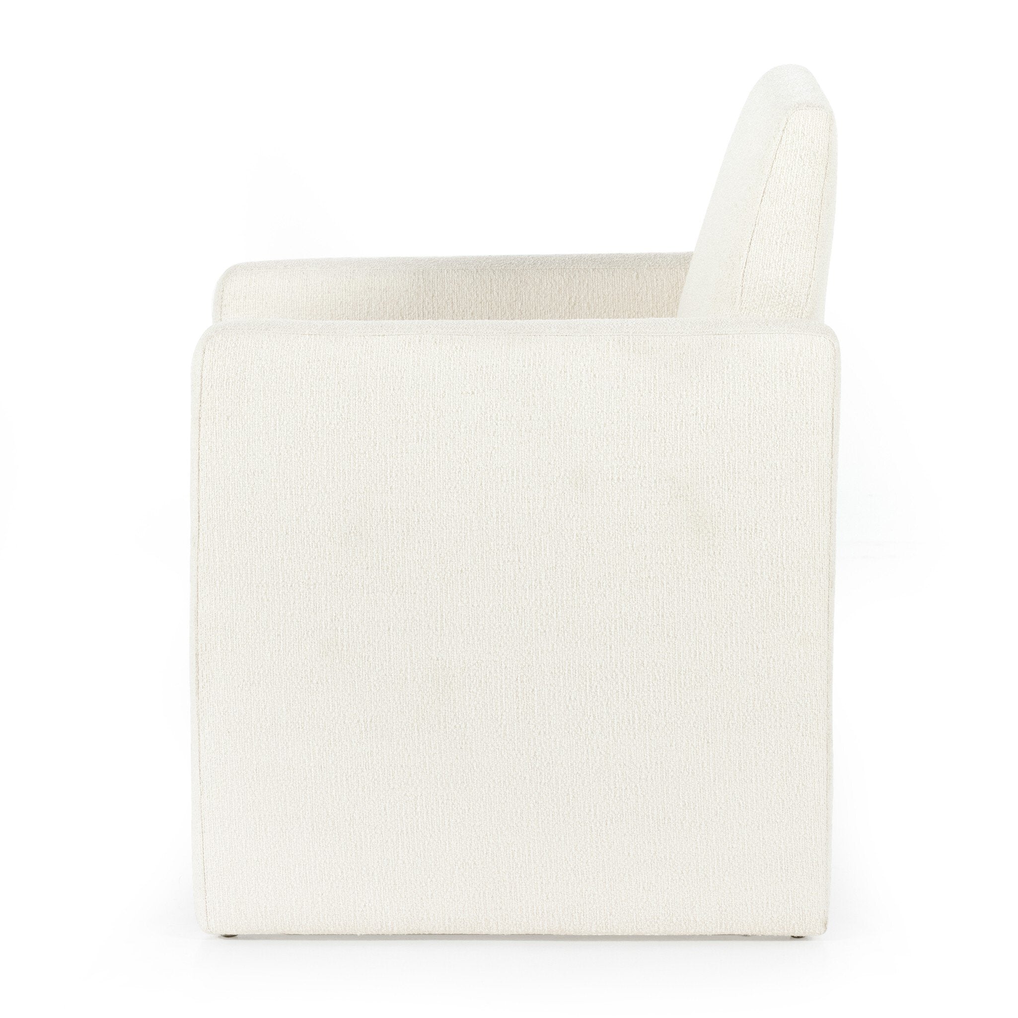 Kima Dining Chair Side View Contemporary Modern Upholstered White Chair with Detailed Fabric on White Background