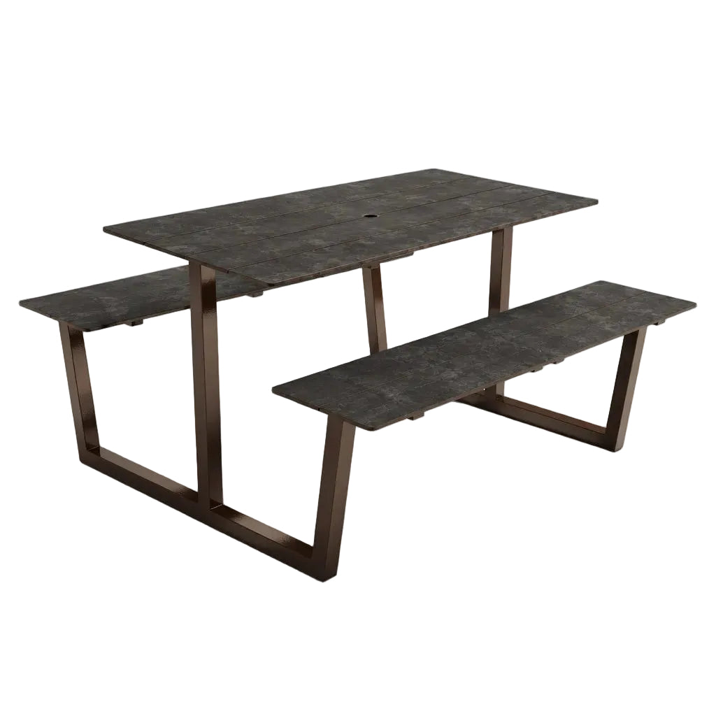 Monterey table with dark concrete top, taupe metal base, and bench-style side shelves.