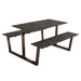 Monterey table with dark concrete top, taupe metal base, and bench-style side shelves.