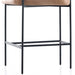 Close-up of black metal base with horizontal bars under a tan padded counter stool
