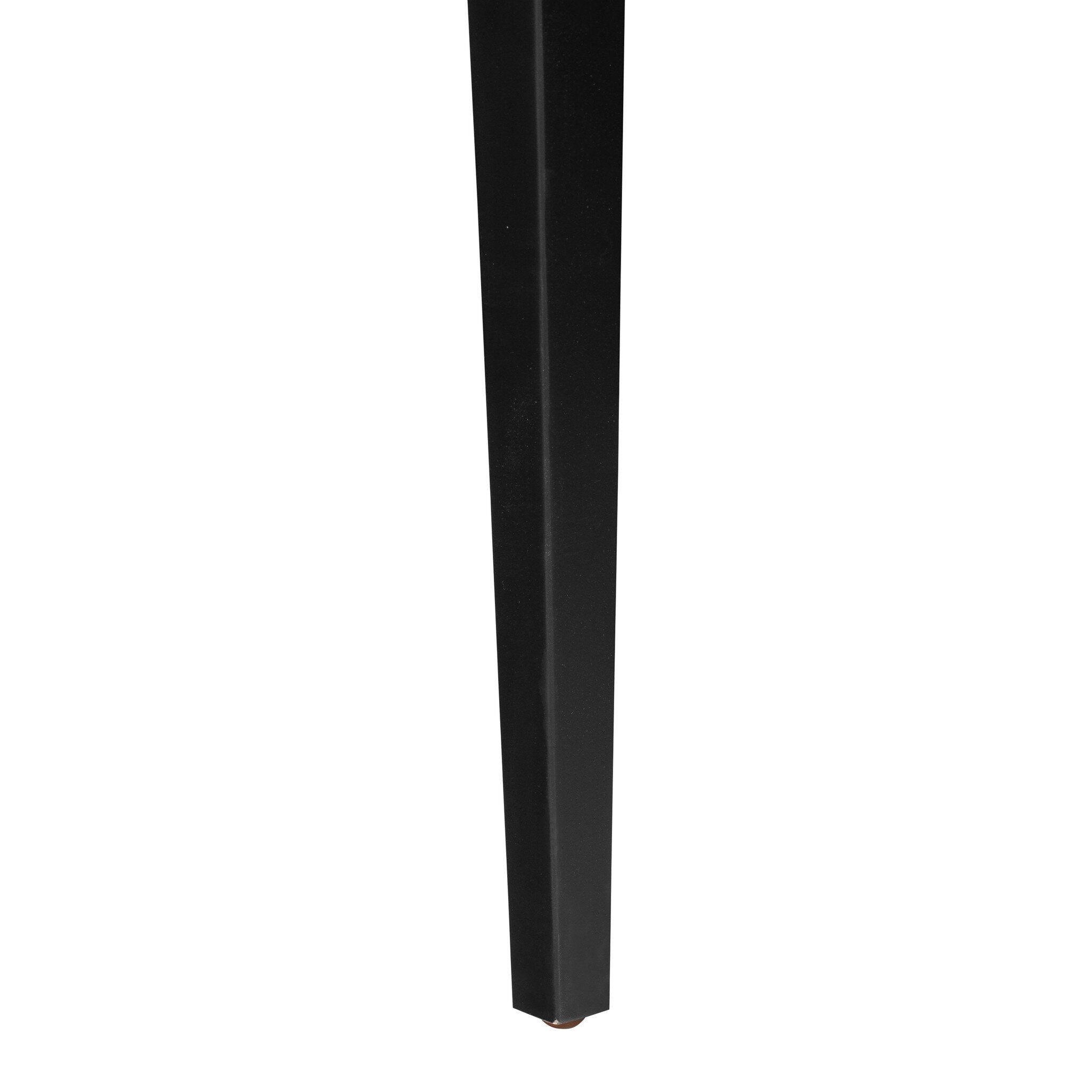 Black metal chair leg with protective foot, from dark armless dining chair.