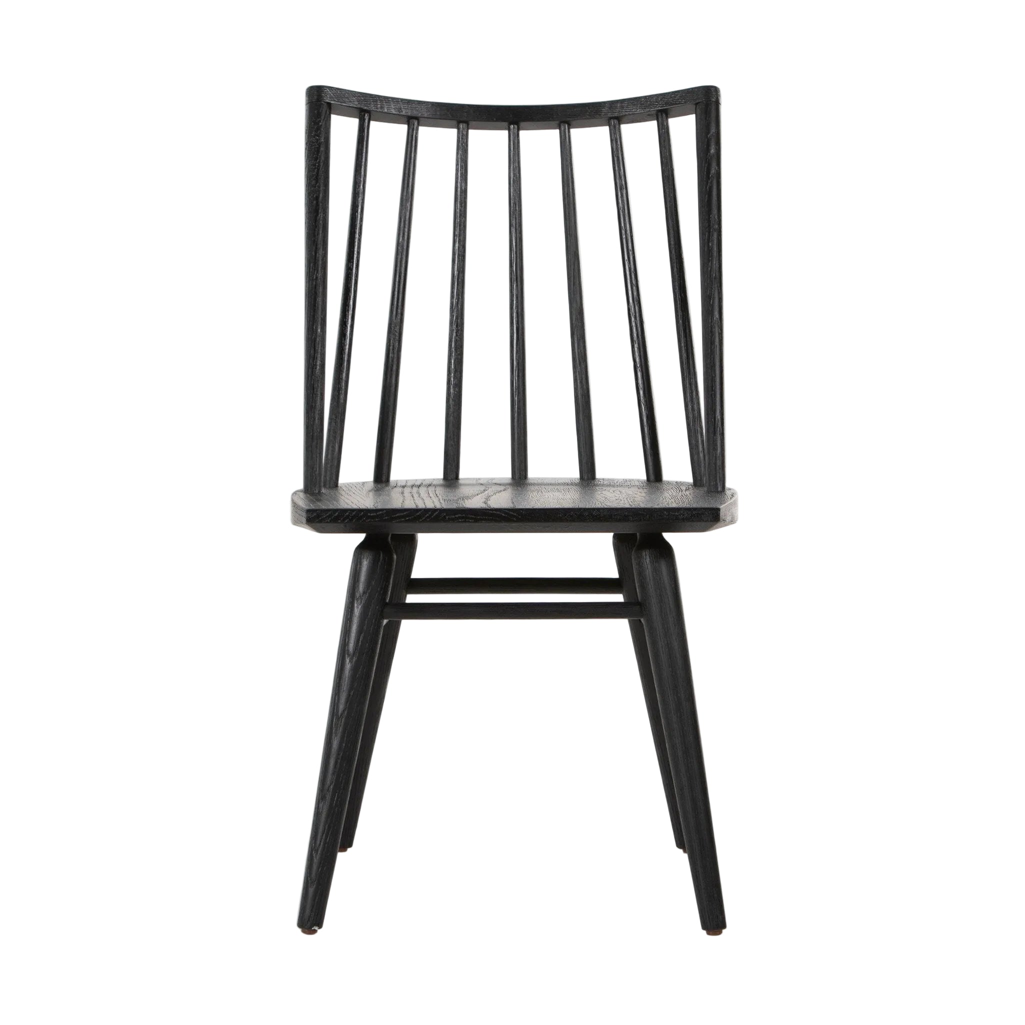 Black armless dining chair with slatted back and round edge seat, dark wood finish