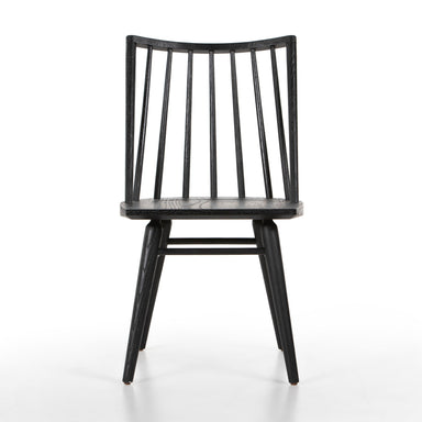 A black Lewis Windsor chair with a wire-brushed oak finish, featuring a traditional design with a tall backrest and a seat with wire-brushed cathedral grain and tall spindles.