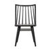 Black armless dining chair with slatted back and round edge seat, dark wood finish