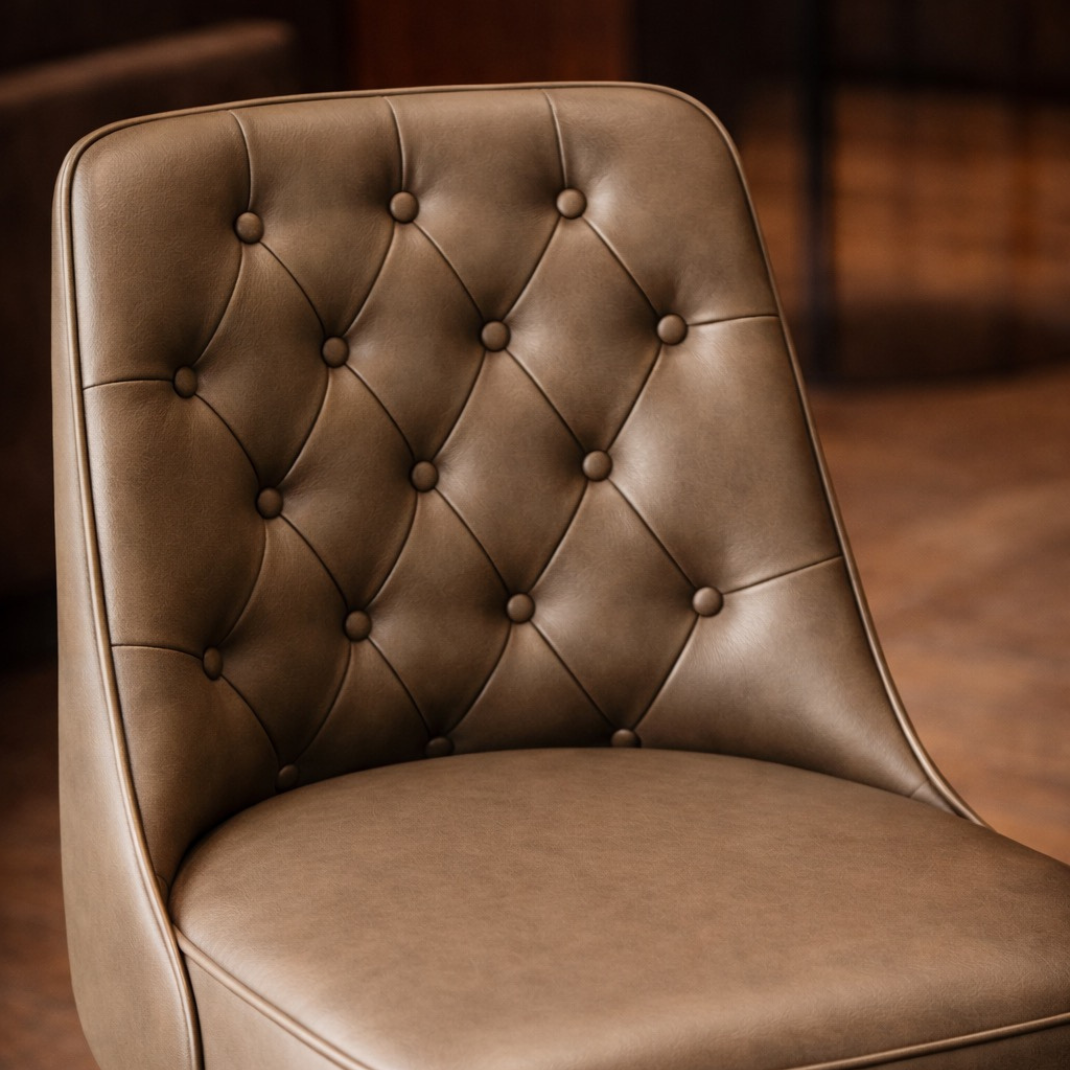 Lifestyle image Button tufted modern Club Chair featuring a low-slung performance upholstery seat and black silver metal legs