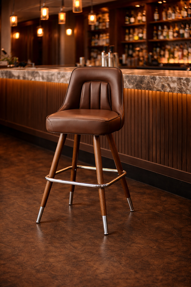 Lifestyle Porcini Tufted inner detailing modern bar stool featuring performance upholstery seat with brown metal and silver legs