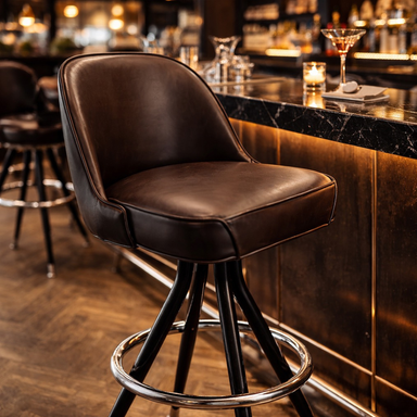 Lifestyle Scene Elise Bar Stool by Social Design Supply Co: A modern minimalist hospitality bar stool with soft upholstery and a clean silhouette for boutique and commercial restaurant interiors